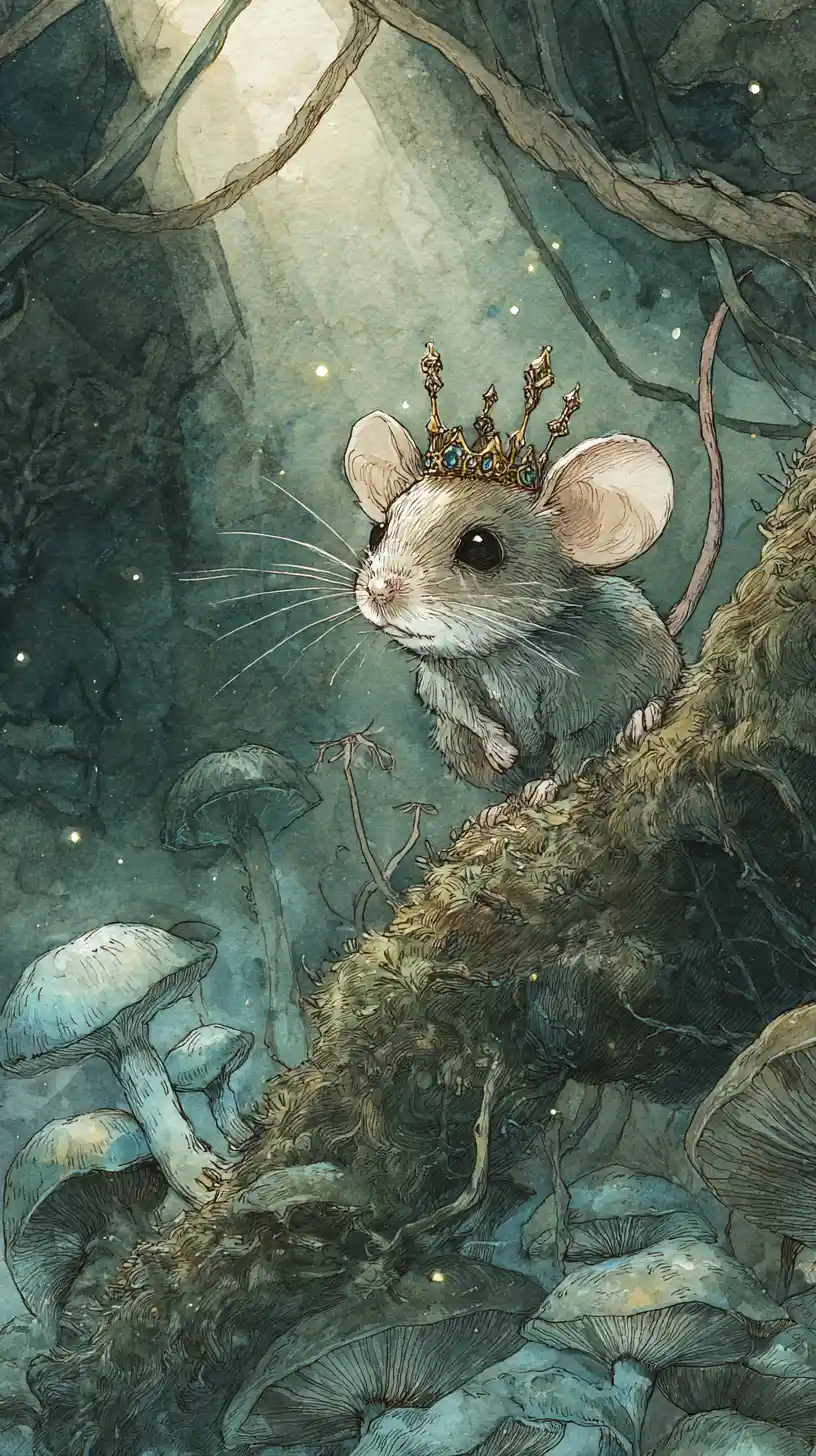 Minuscule souris couronnée sur des racines moussues dans une forêt au clair de lune