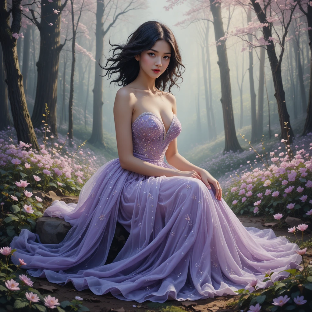 Mulher elegante com vestido brilhante sentada em floresta mágica