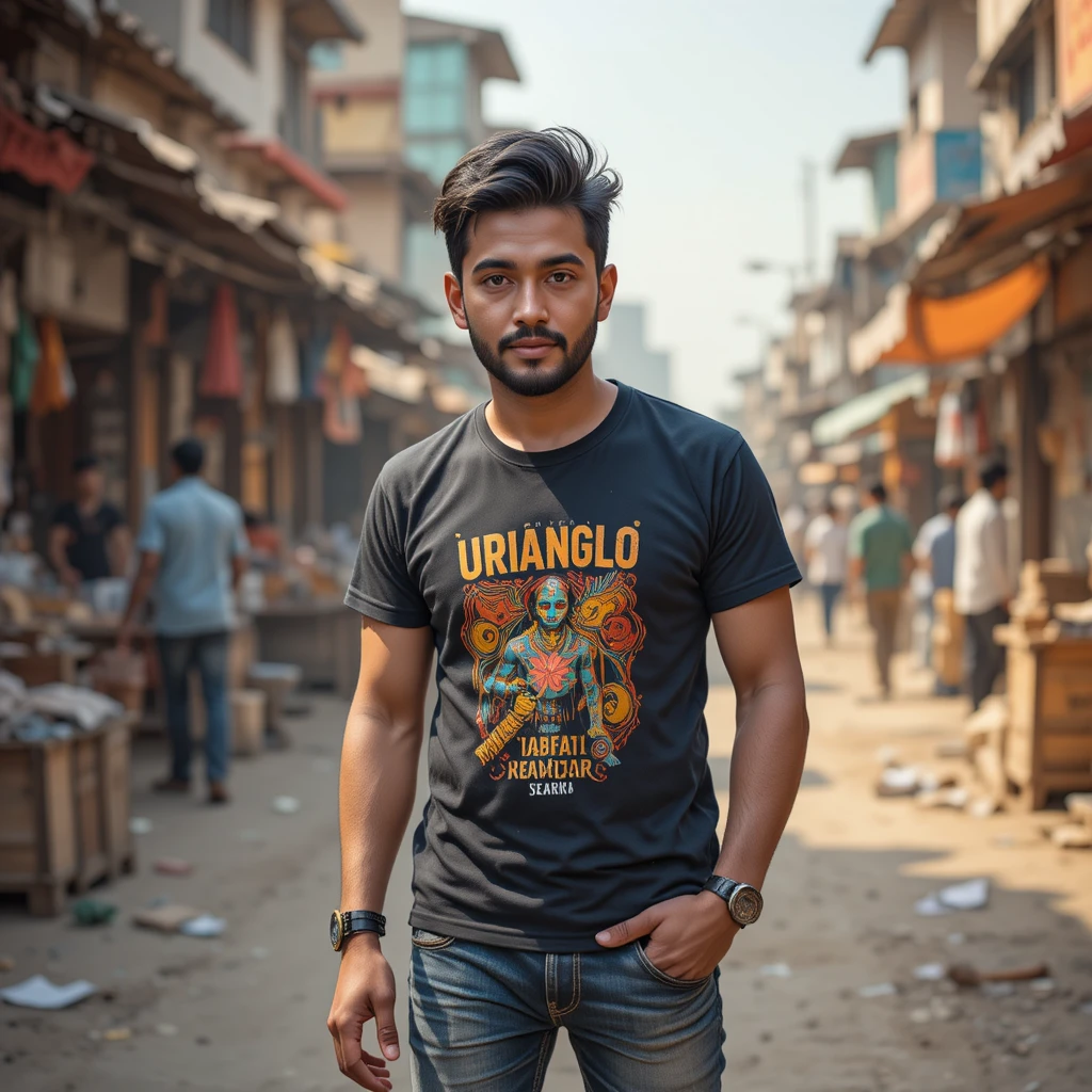 Macaco de camiseta e jeans caminhando por mercado indiano