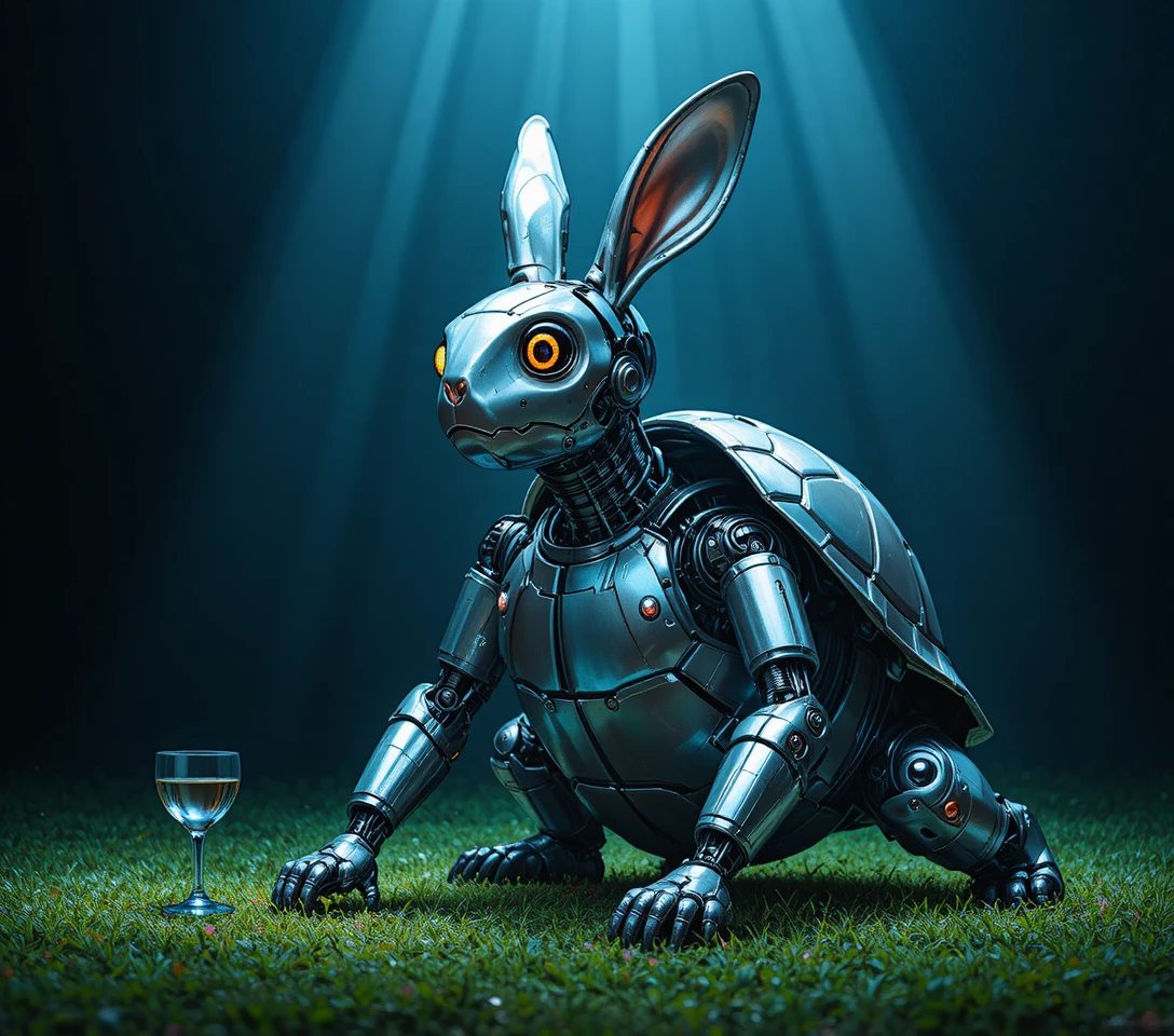 Futuristic robotic rabbit turtle hybrid in moody light