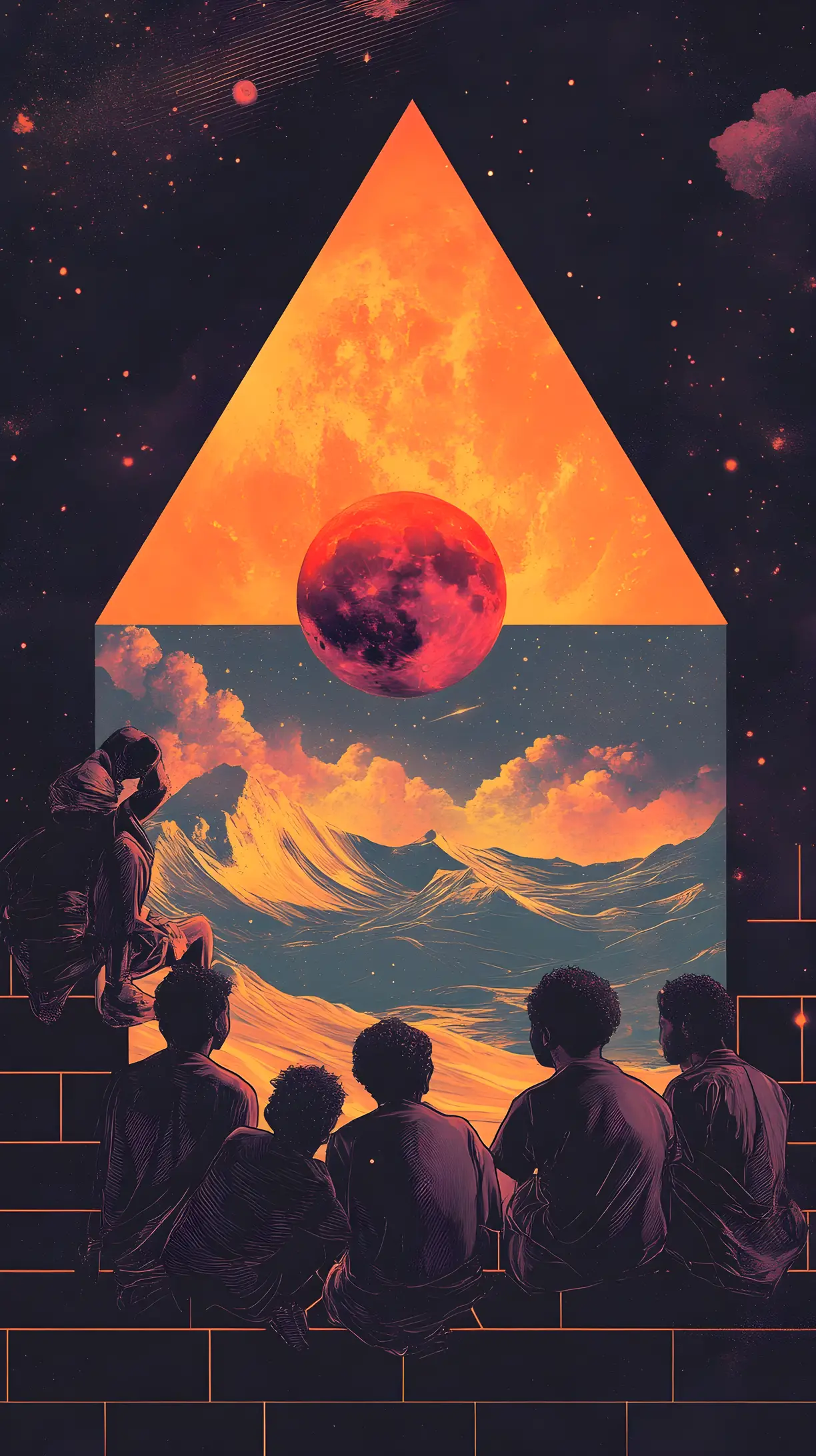 紅色宇宙波浪上方幾何視窗中的十個人物