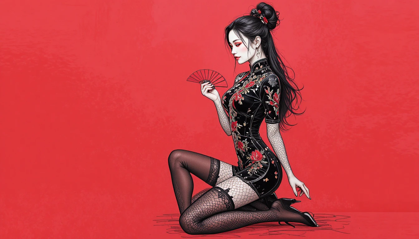 Mujer elegante con qipao negro sobre un fondo rojo intenso