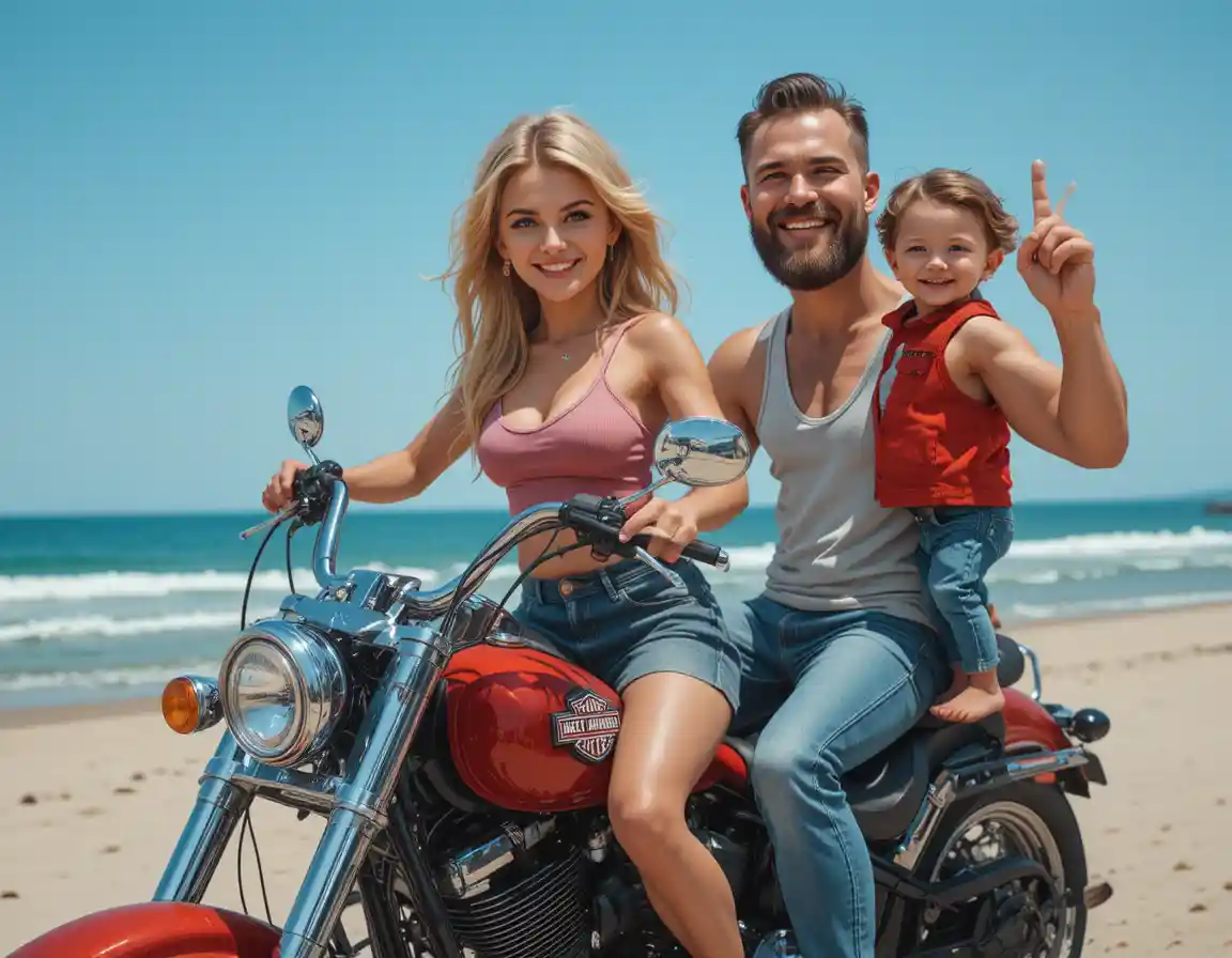 Cartoon family riding a red motorcycle on sunny beach