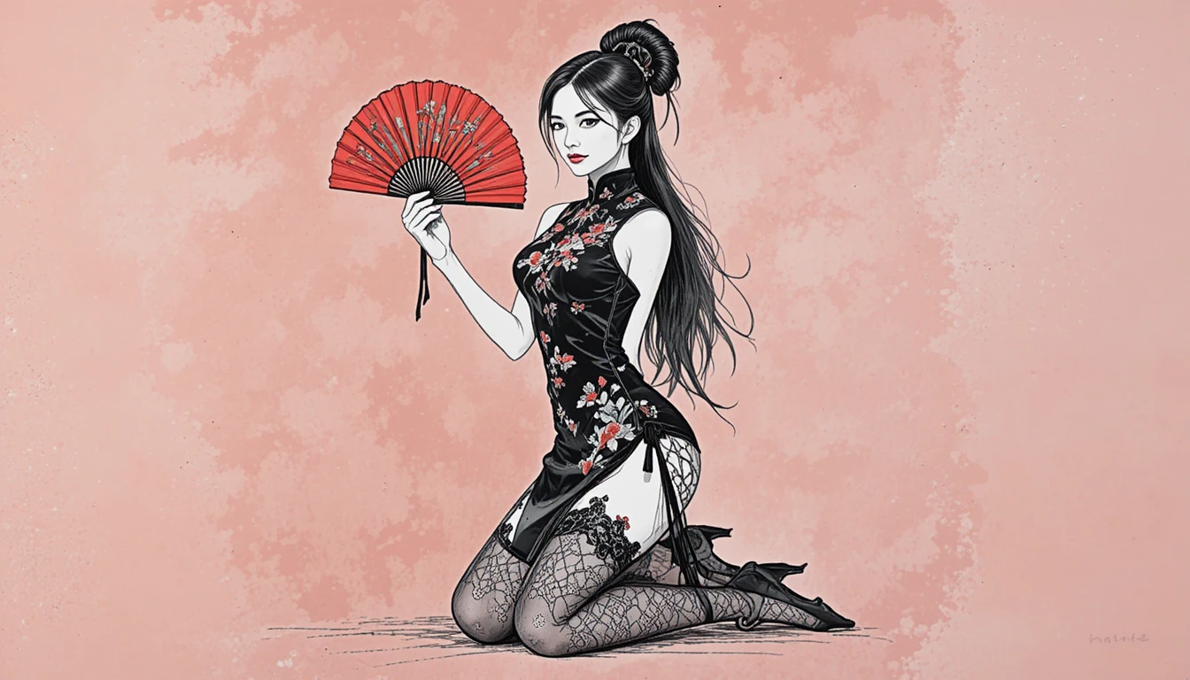Femme élégante en qipao noir avec éventail rouge sur fond rouge