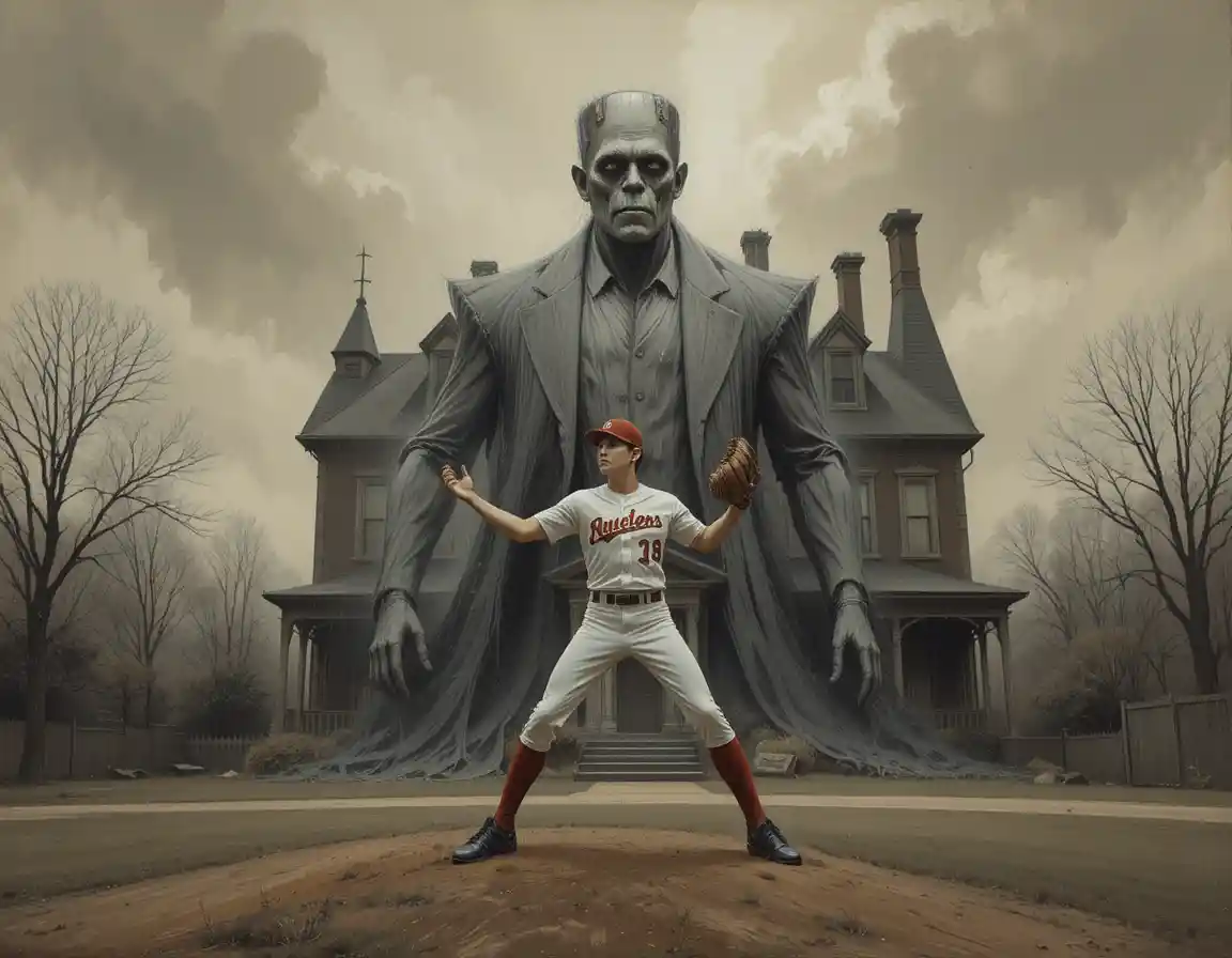 Jeune lanceur de baseball avec monstre menaçant près d’un manoir hanté