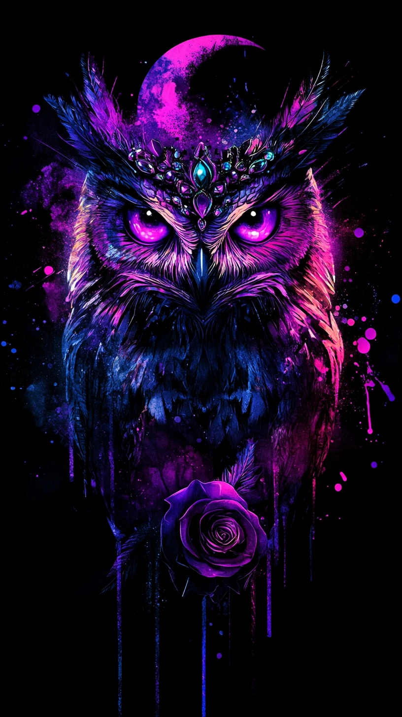 Retrato místico de coruja com lua cósmica e rosa gotejante