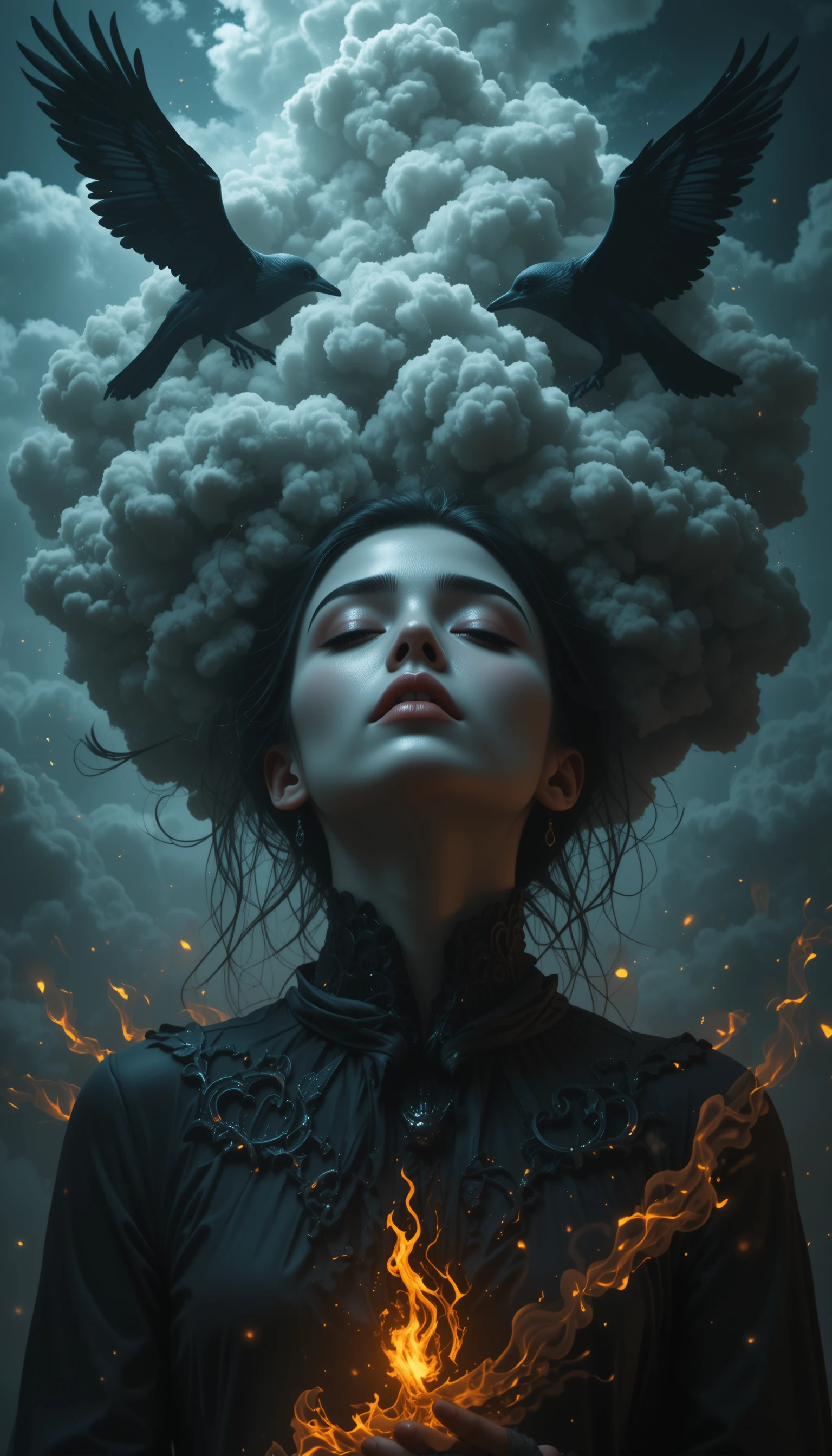 Figure androgyne à tête de nuage d’orage et corbeaux