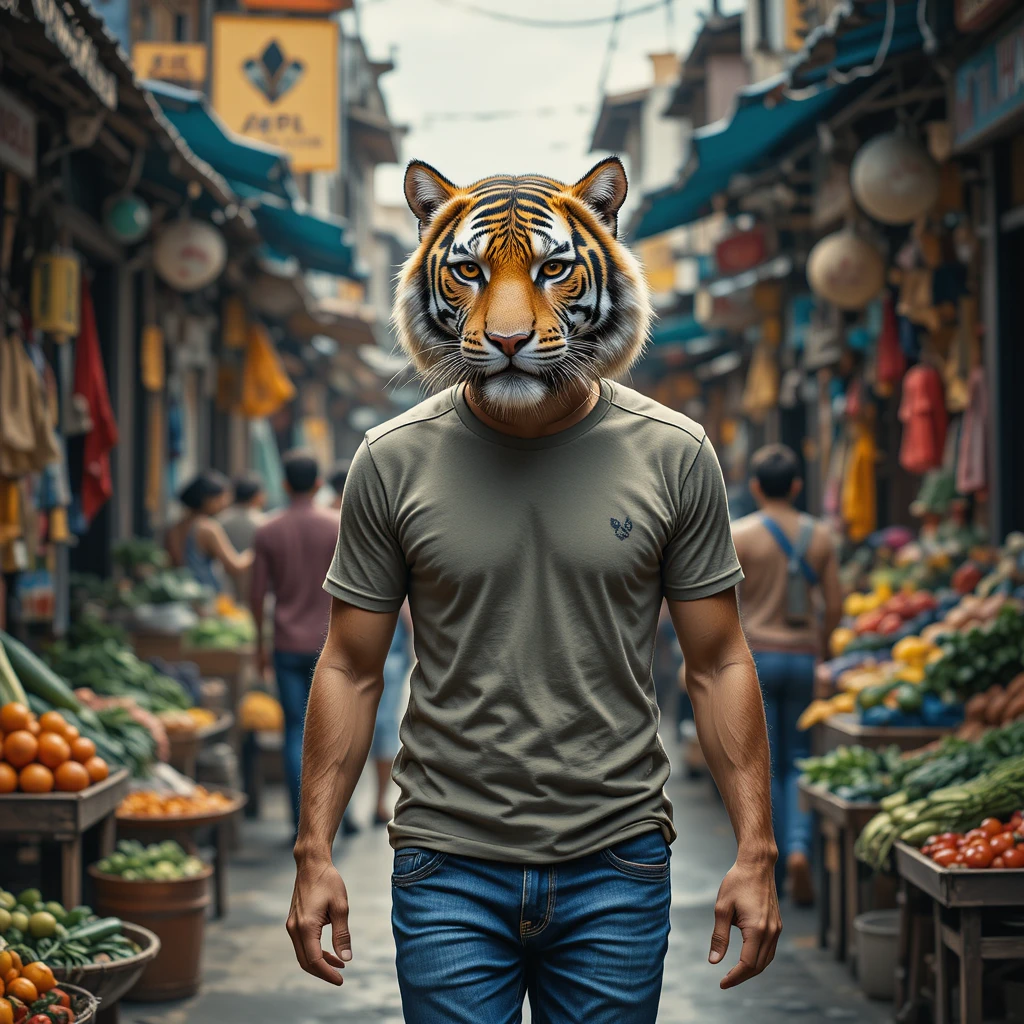 Hombre con rostro de tigre caminando por un concurrido mercado callejero indio
