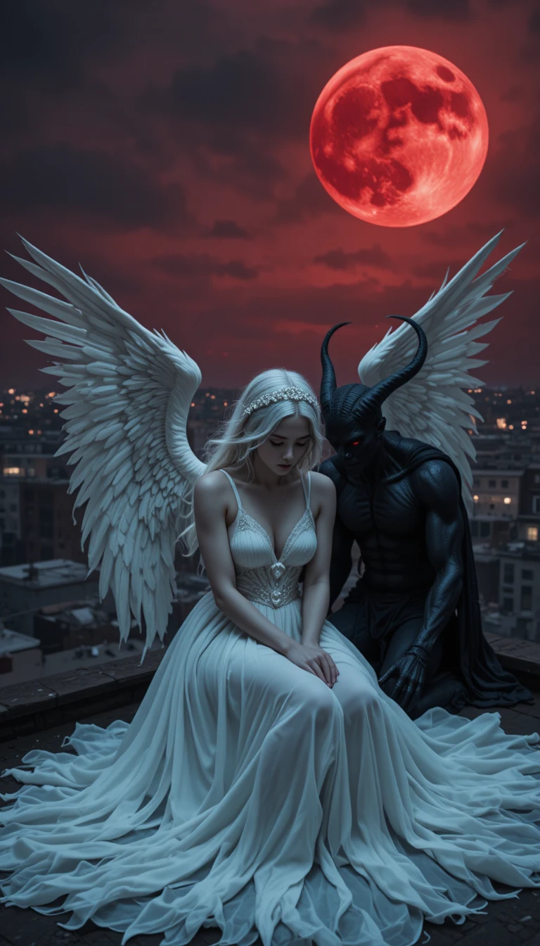 Ángel y demonio en una azotea bajo una luna de sangre carmesí