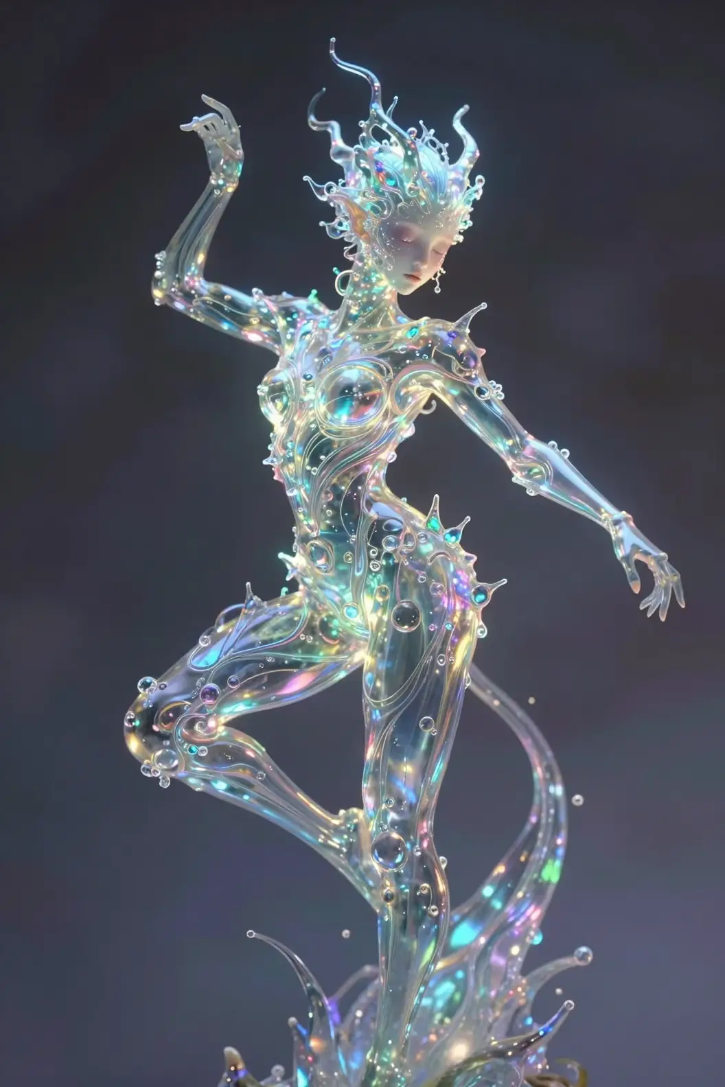 異世界の液体ガラスのクリーチャーが輝くシュールな空間