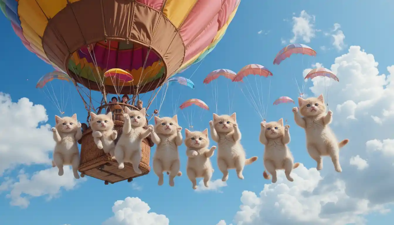 Chatons joueurs sautant en parachute depuis une montgolfière colorée