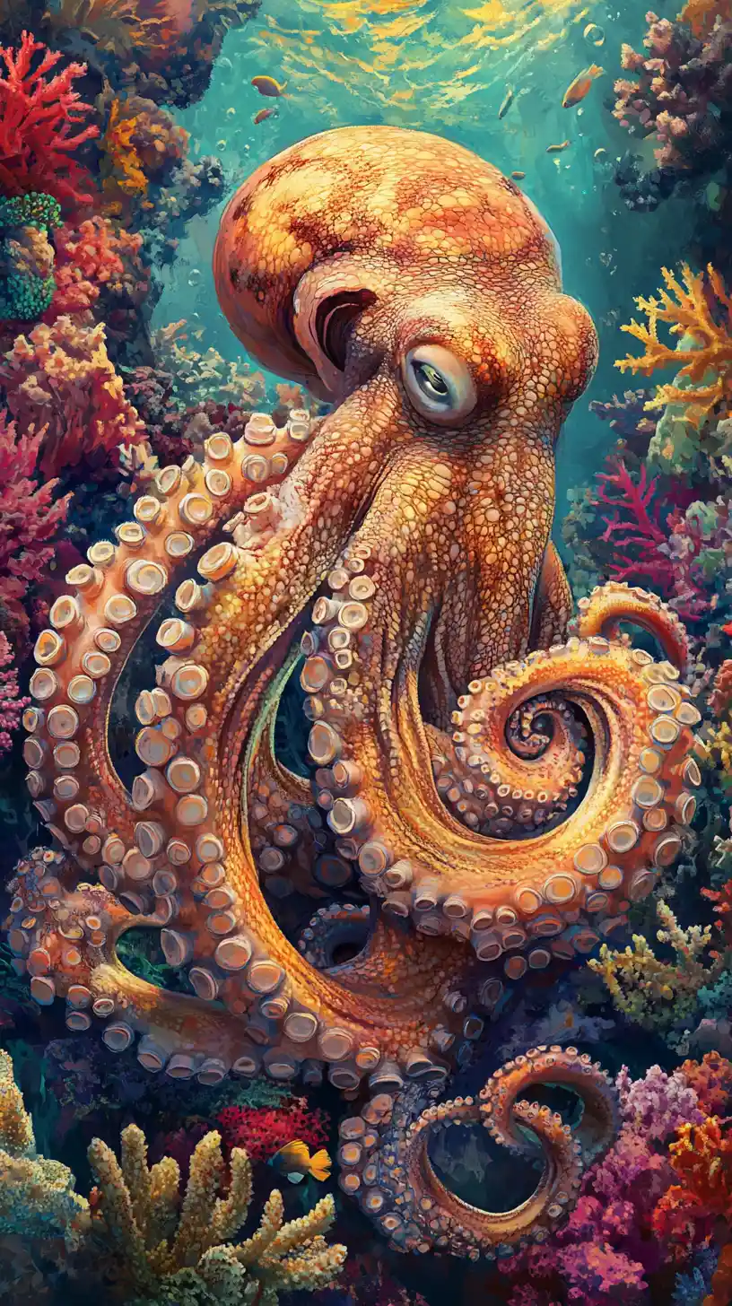 Oktopus ruht im sonnendurchfluteten Korallenriff in goldener Abendtiefe
