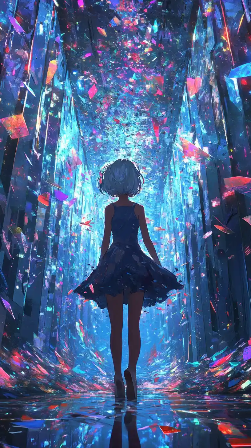 Anime girl amid glitching mirrors in a digital corridor