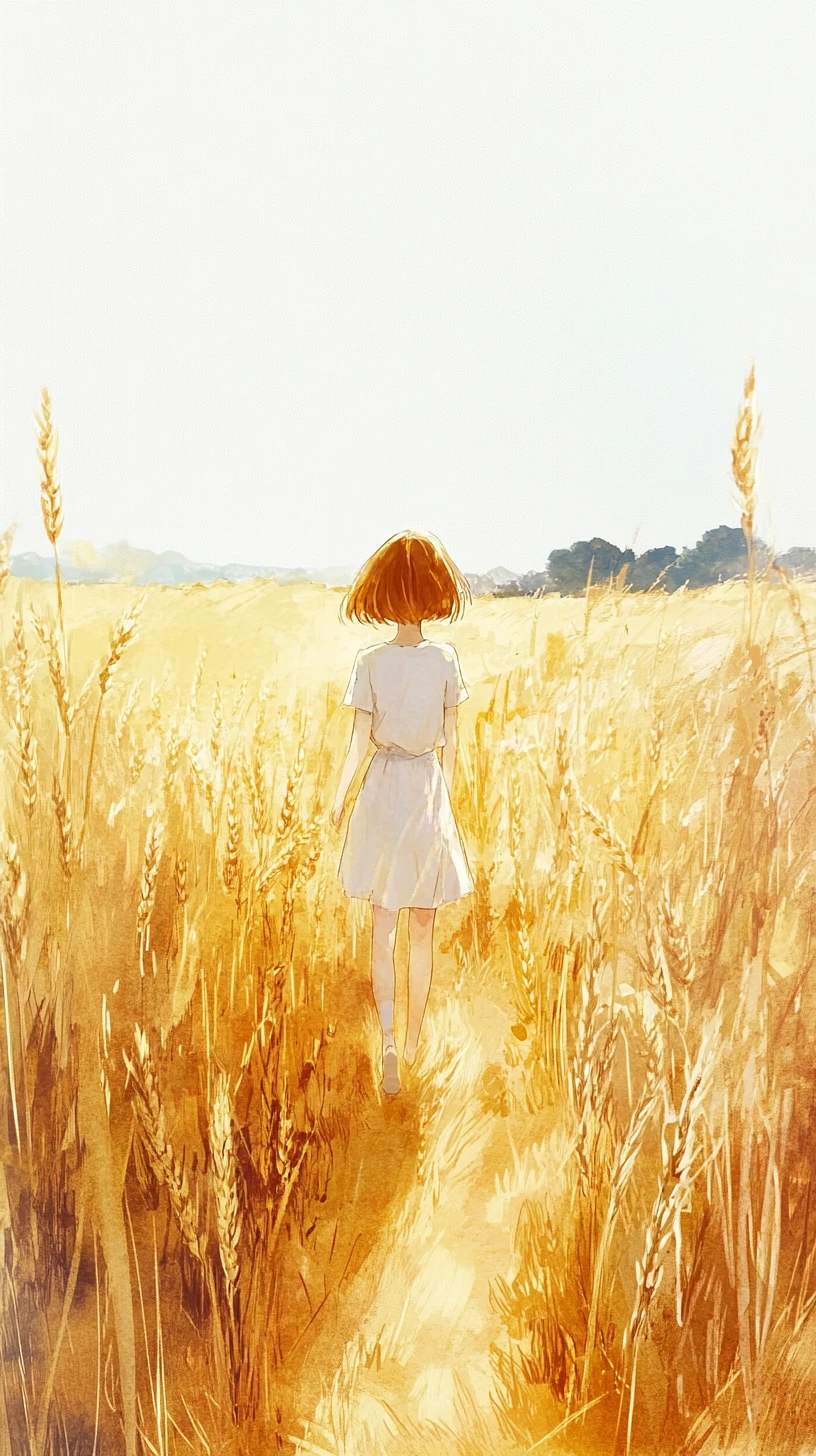 Anime girl walking through a golden wheat field at day