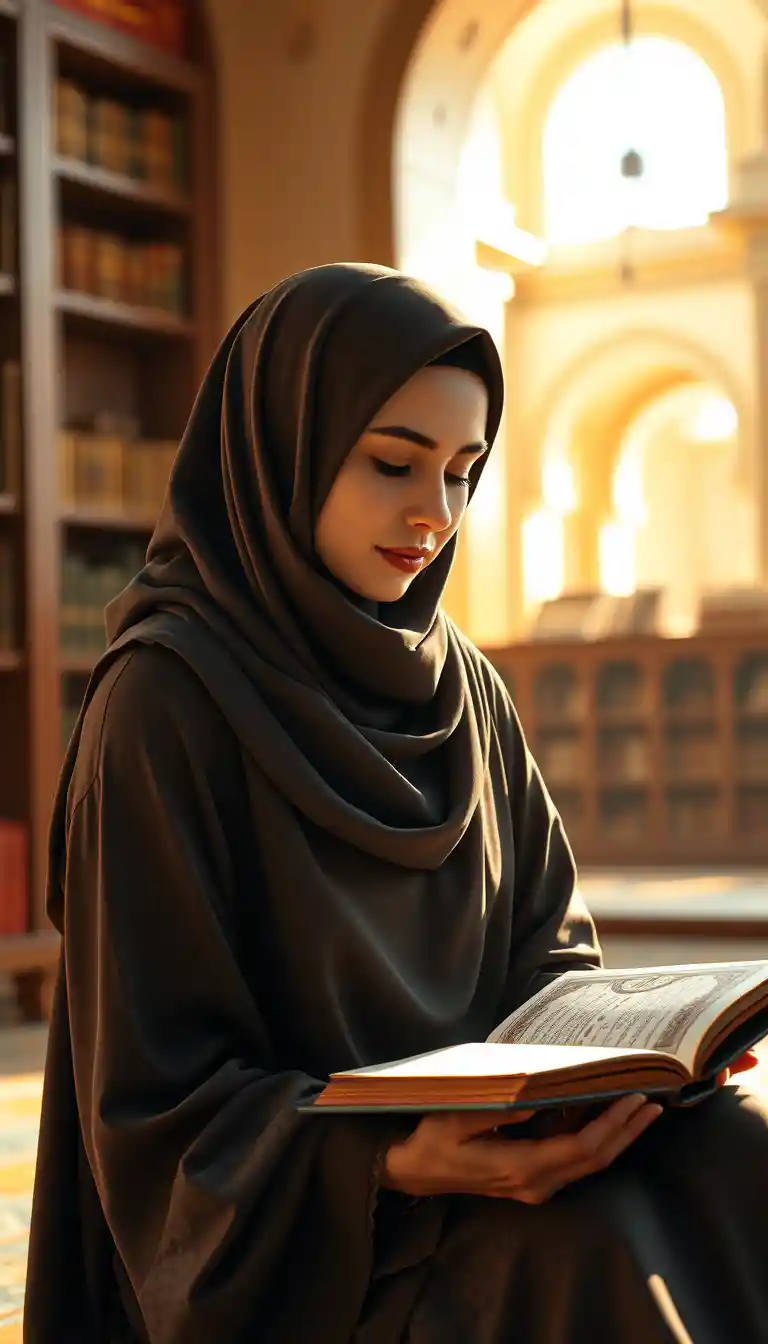 Giovane donna musulmana che legge il Corano in una calda biblioteca