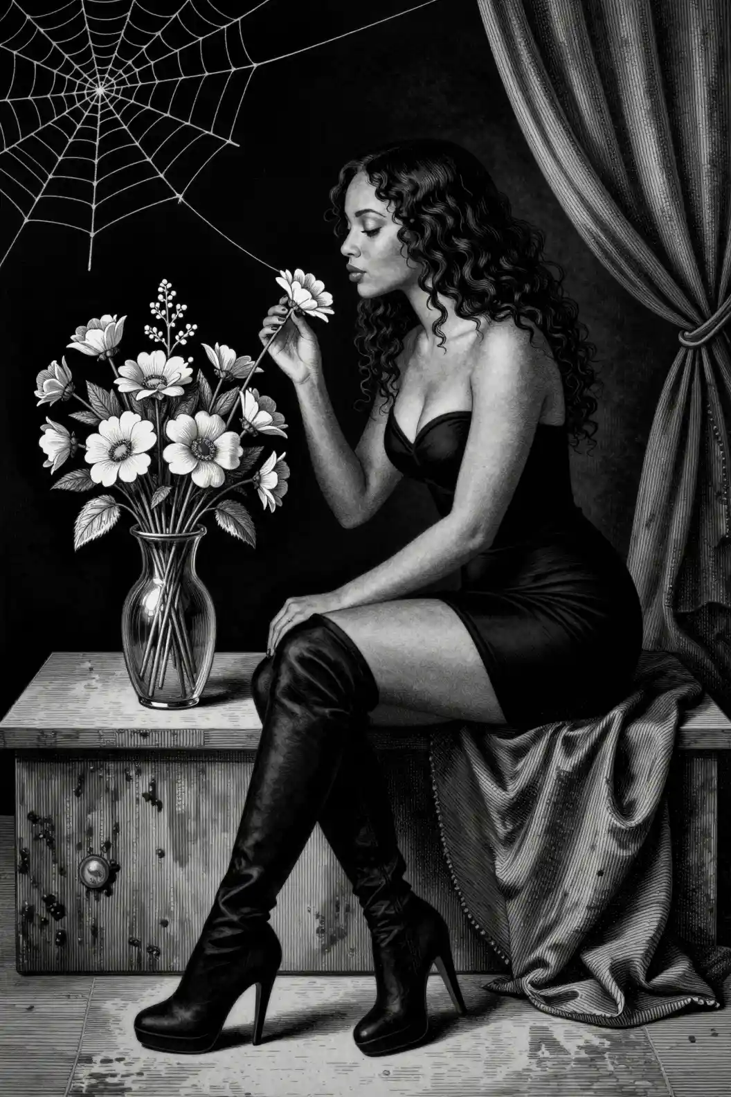 Elegant woman smelling flowers in a dark engraved interior