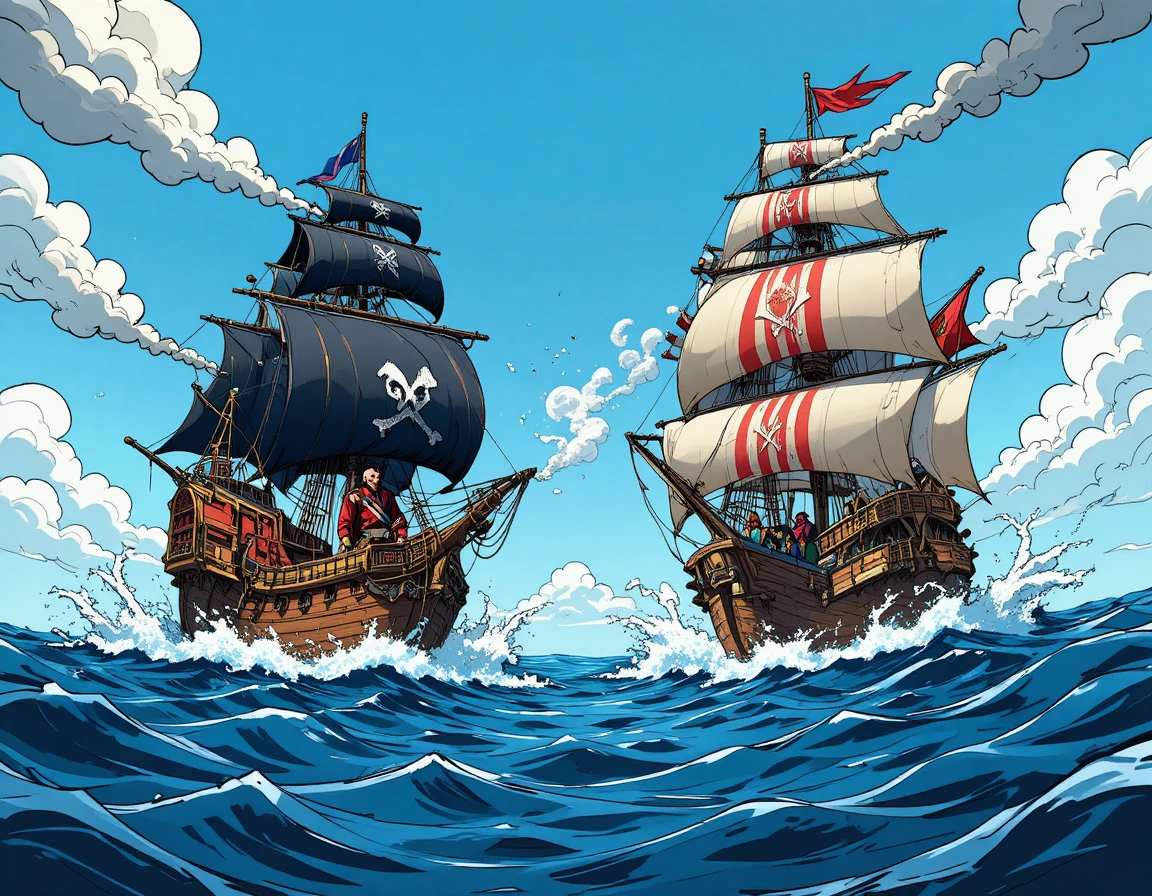 Batalha de navios piratas em desenho animado em um mar azul agitado