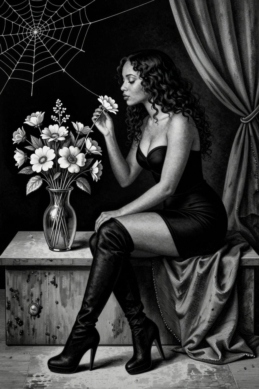 Elegant woman smelling flowers in a dark engraved interior