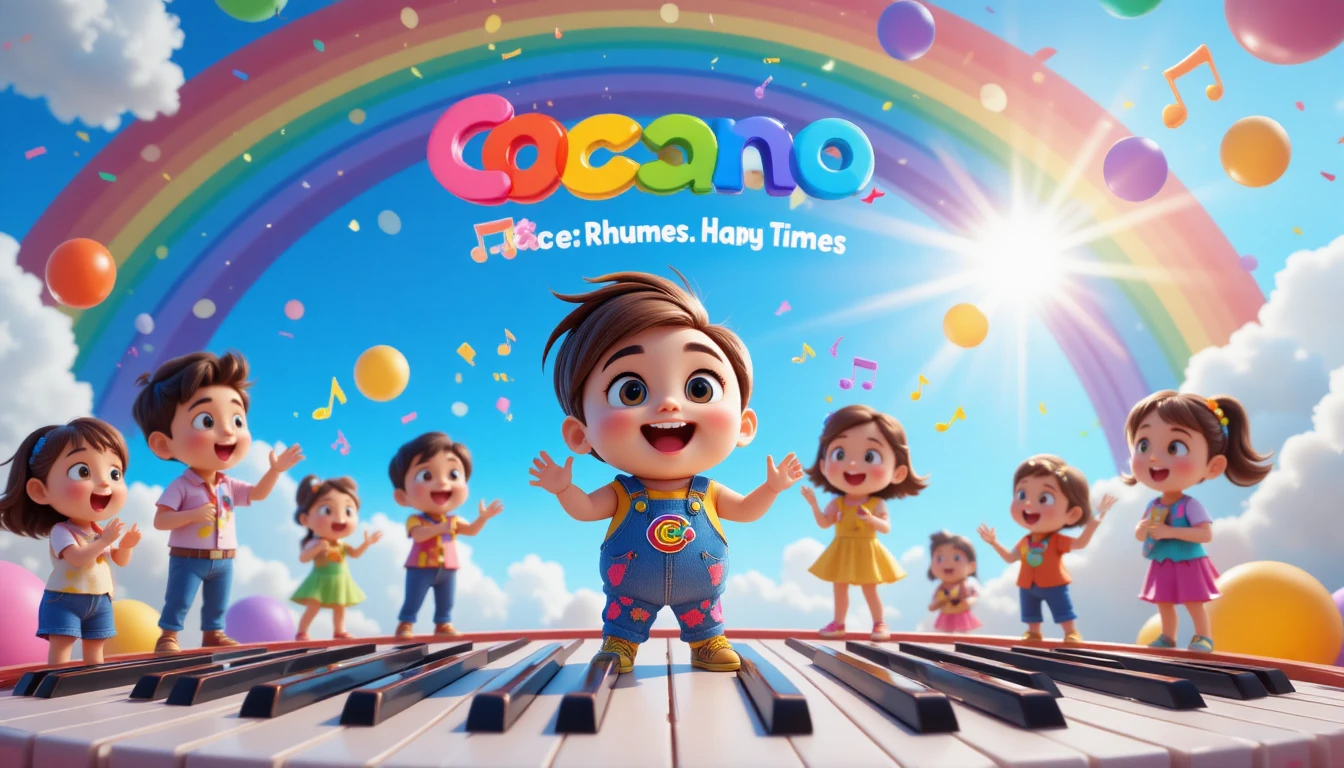Adorable mascotte 3D pour enfants chantant sur une scène piano arc-en-ciel