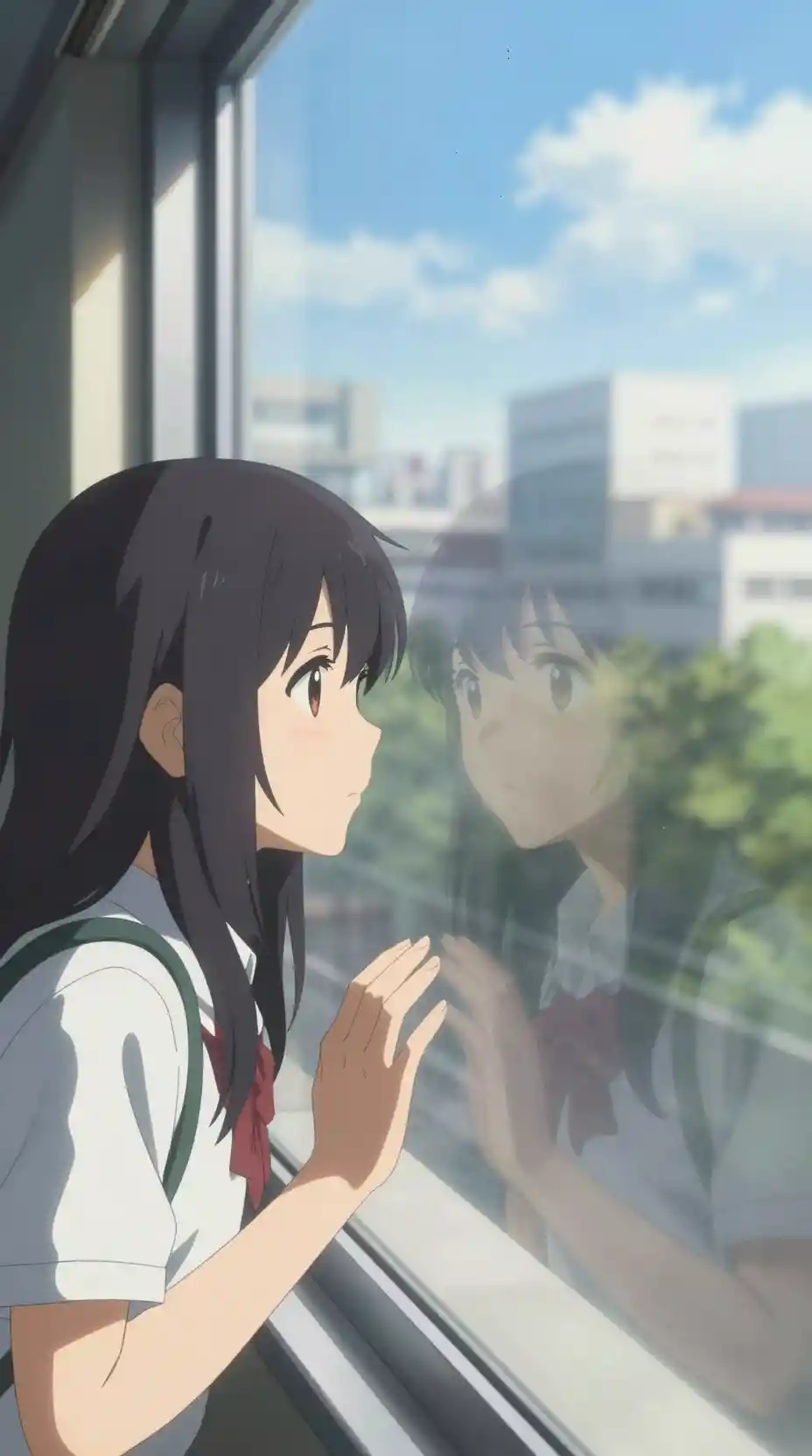 Studentessa delle superiori in stile anime che osserva Tokyo da una finestra luminosa