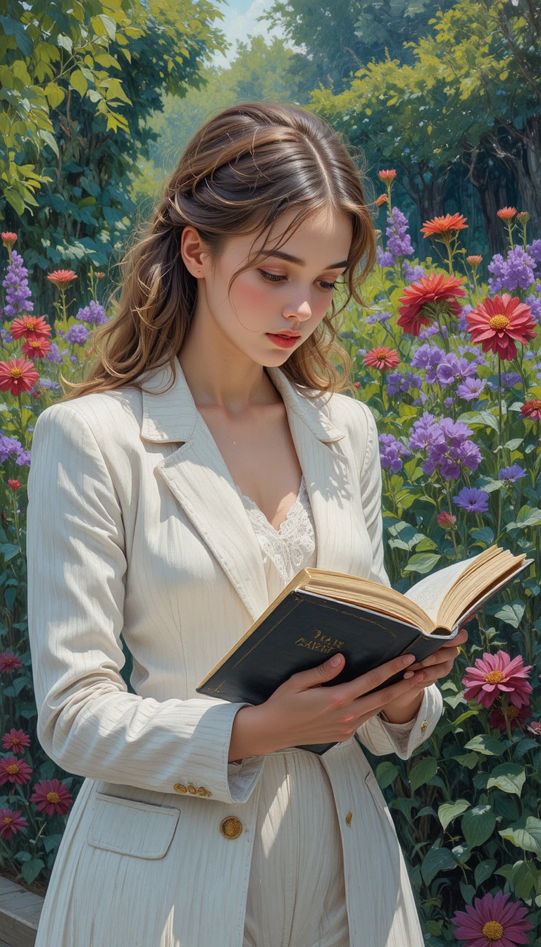 Adolescente de terno branco lendo em um jardim impressionista