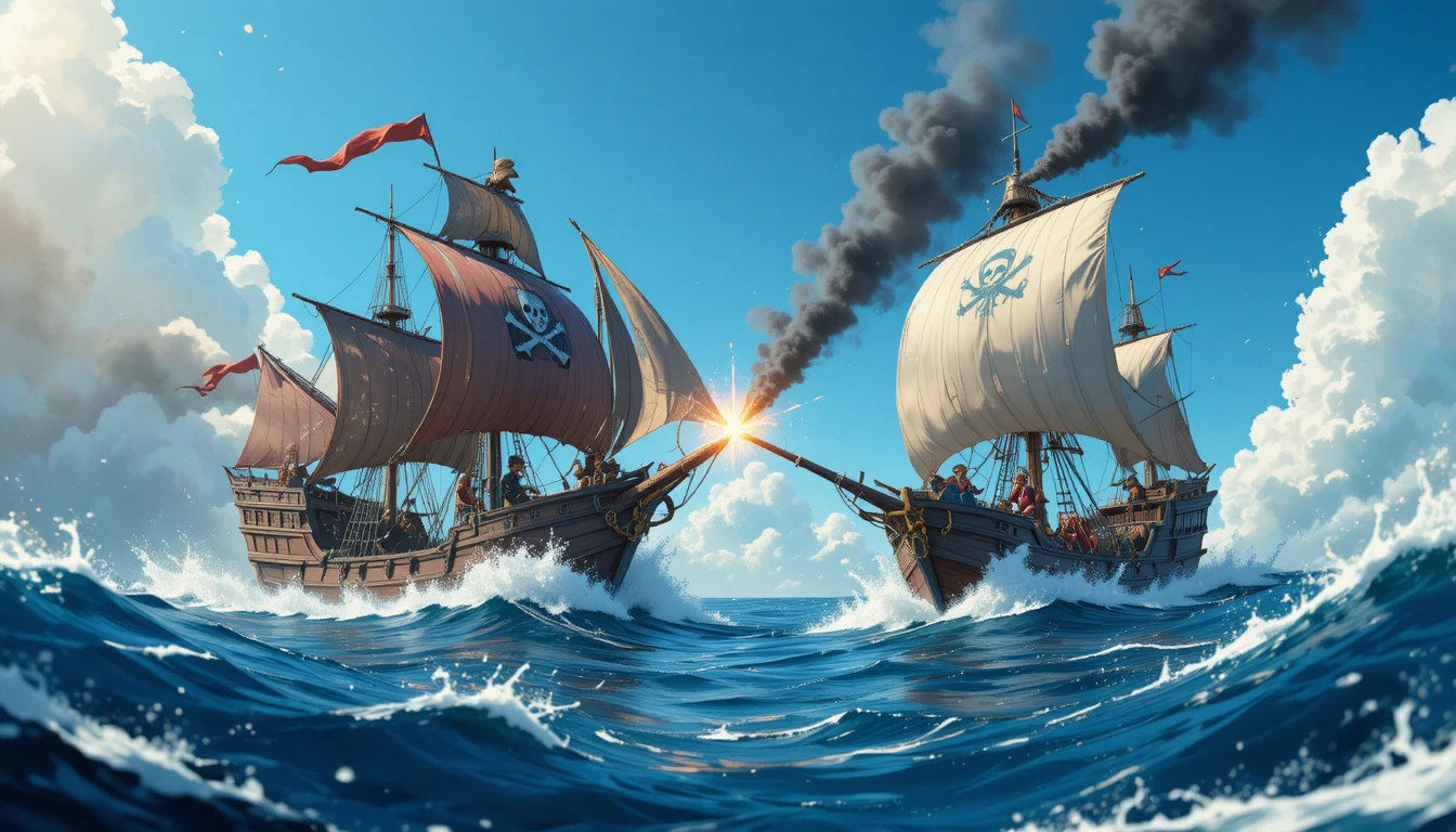 Pirate ship battling galleon on rough cartoon sea