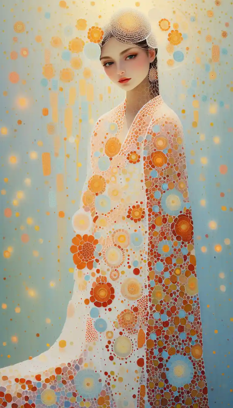 Ethereal woman rendered in luminous pointillist dots