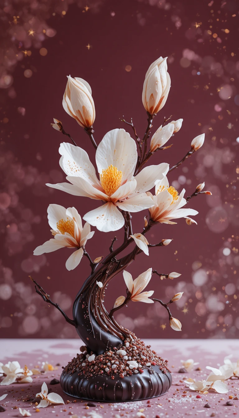 Ikebana de sobremesa biomórfica comestível em fundo de cranberry