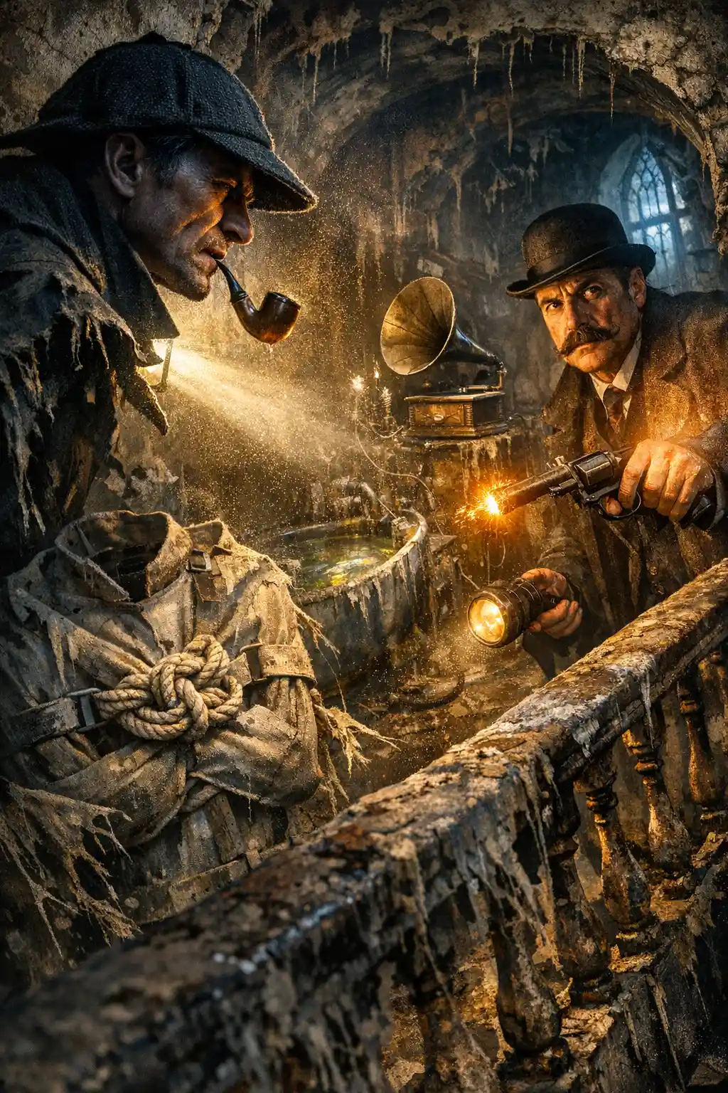 Detective che esplorano il corridoio di un manicomio vittoriano illuminato da lanterne