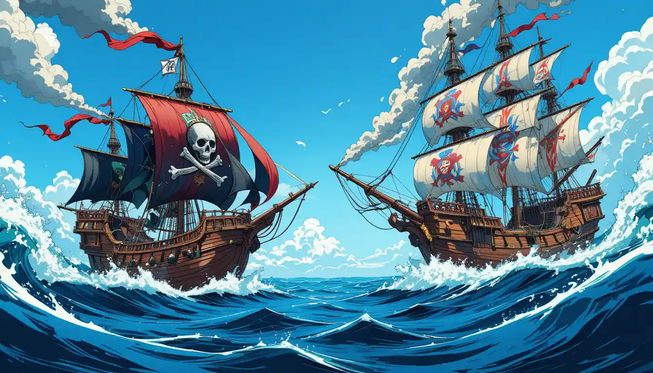 Nave pirata in battaglia con un galeone in un mare agitato in stile cartoon
