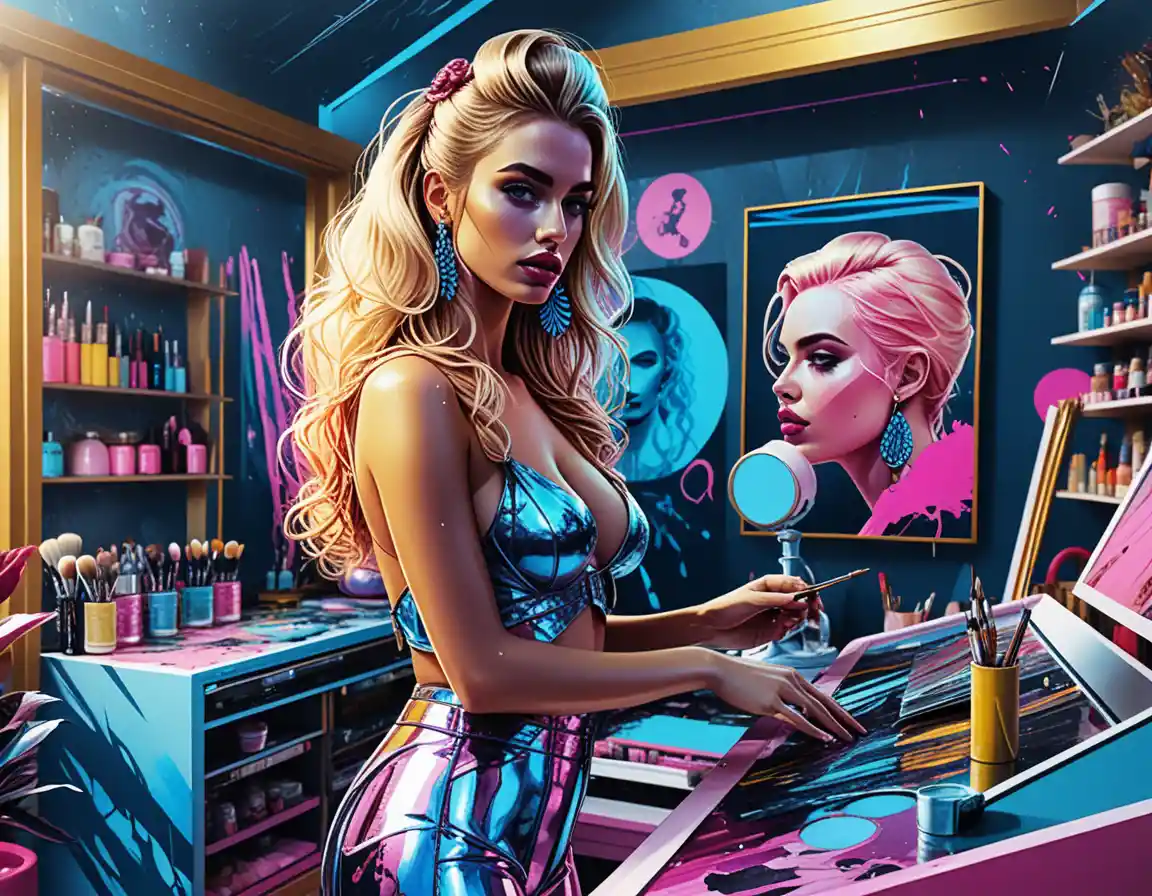 Artiste blonde dans un studio solarpunk coloré à l’aube