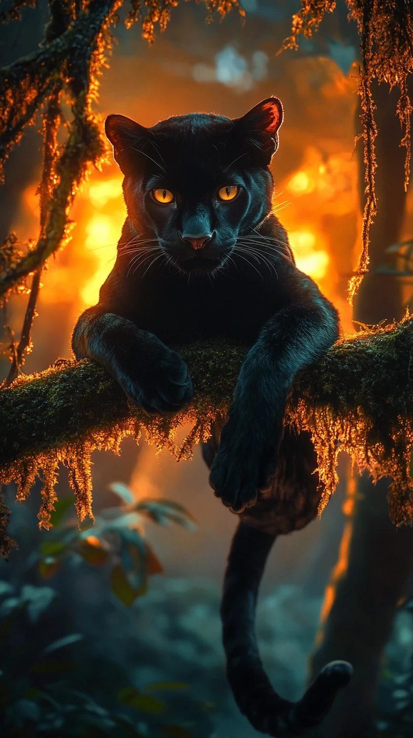 Schwarzer Panther auf moosbewachsenem Ast vor leuchtendem Dschungelsonnenuntergang