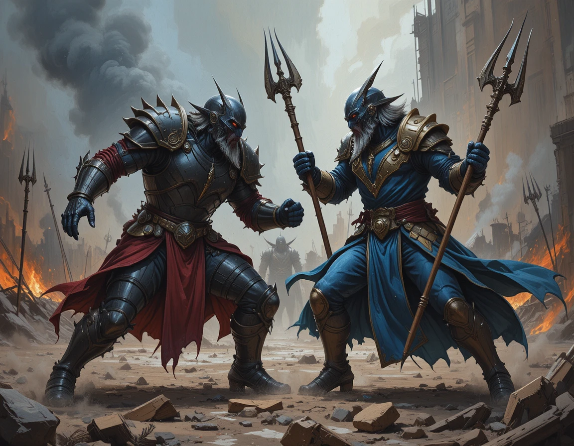 Armored warriors clash on a burning fantasy battlefield