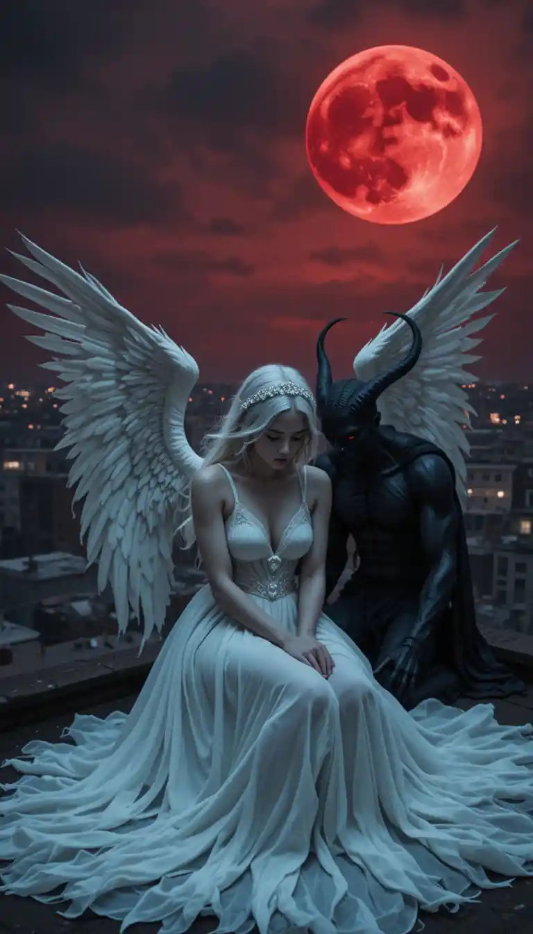 Ángel y demonio en una azotea bajo una luna de sangre carmesí
