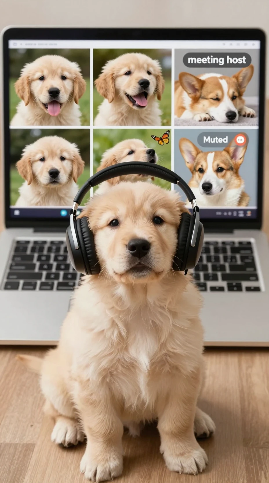 Cucciolo di golden retriever al laptop con cuffie extra large