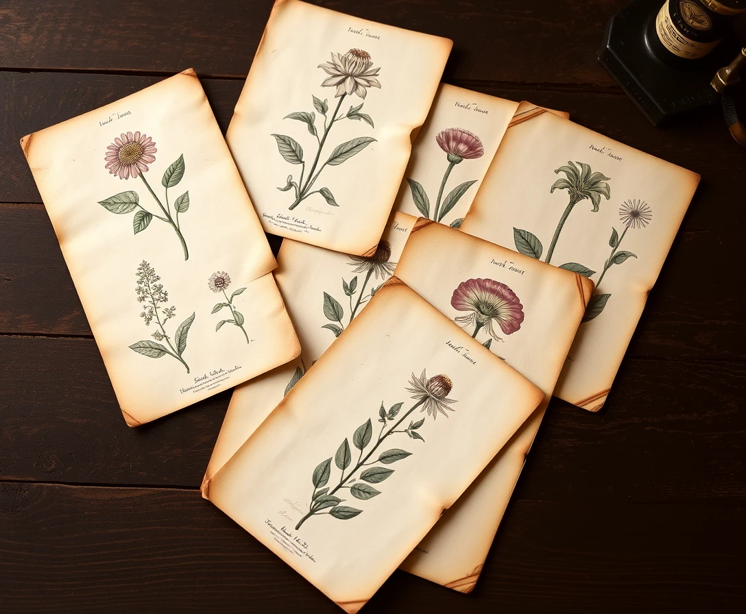 Illustrations botaniques vintage sur papier vieilli sur bureau en bois