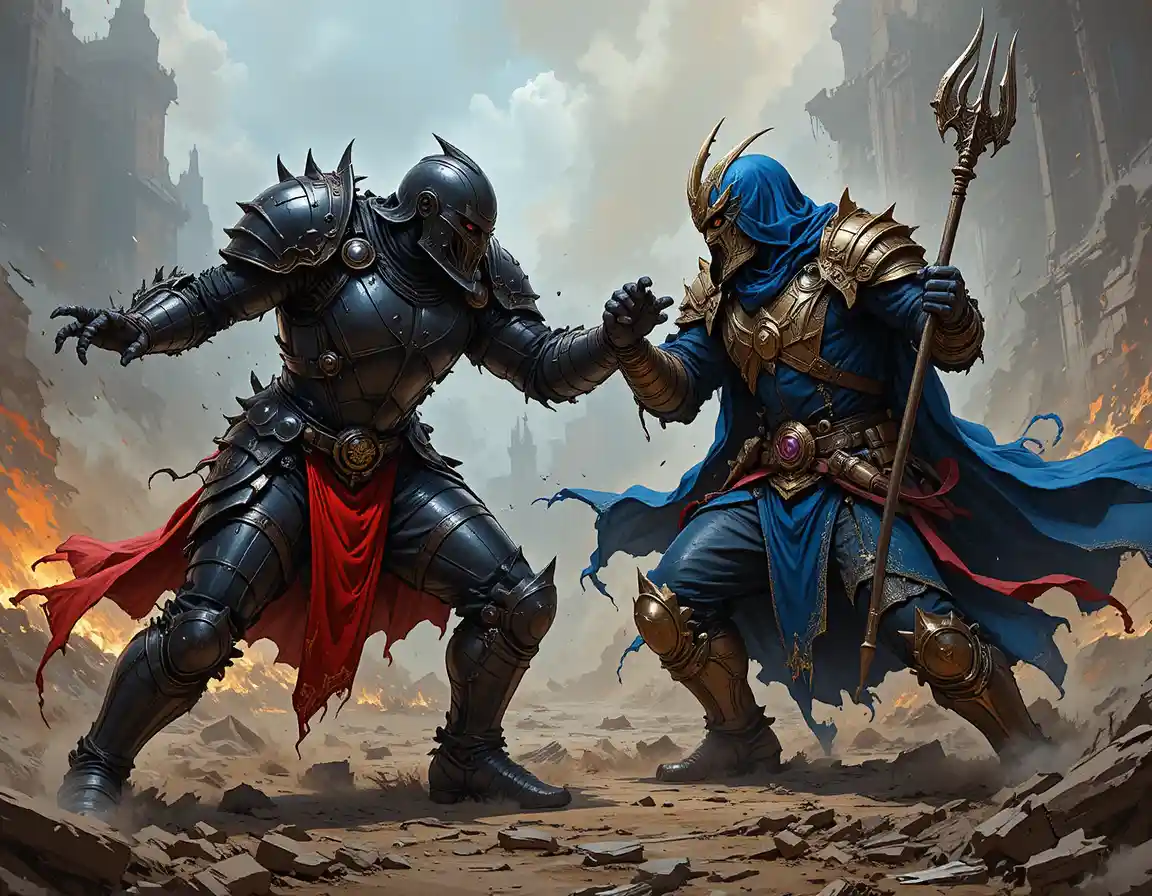 Gepanzerte Fantasy-Krieger prallen auf einem brennenden Schlachtfeld aufeinander
