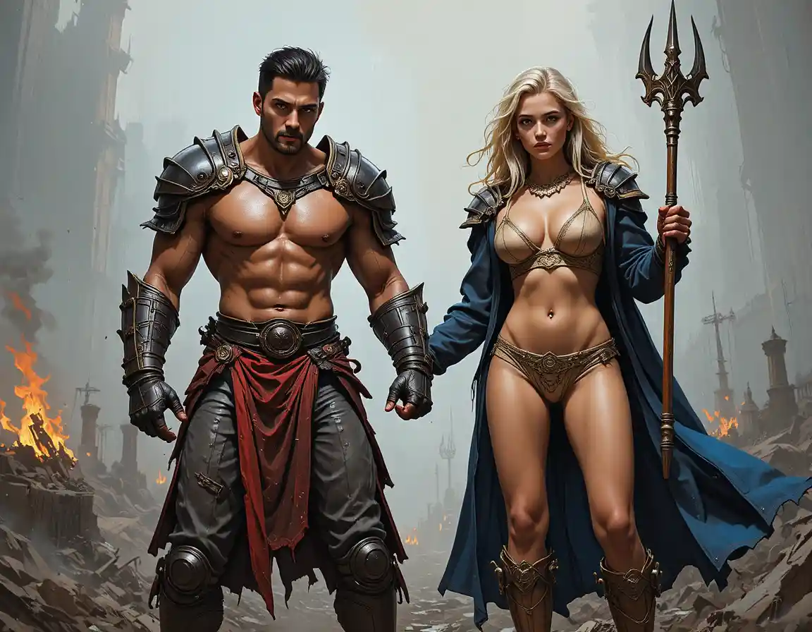 Armored warriors clash in a smoky fantasy battlefield