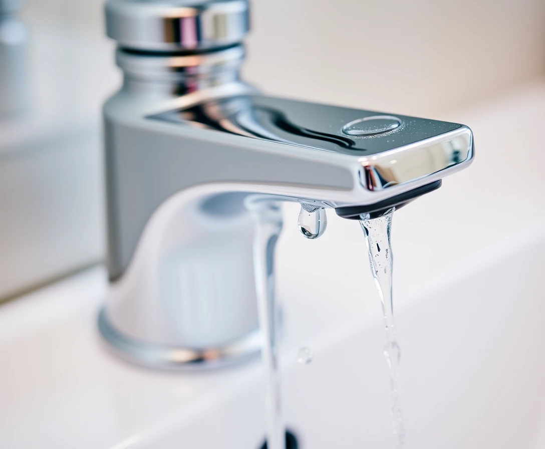 Close up of chrome faucet with sparkling water droplets