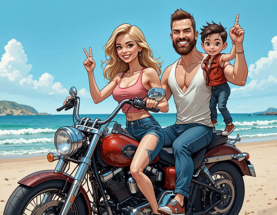 Comic-Familie auf rotem Motorrad am sonnigen Strand