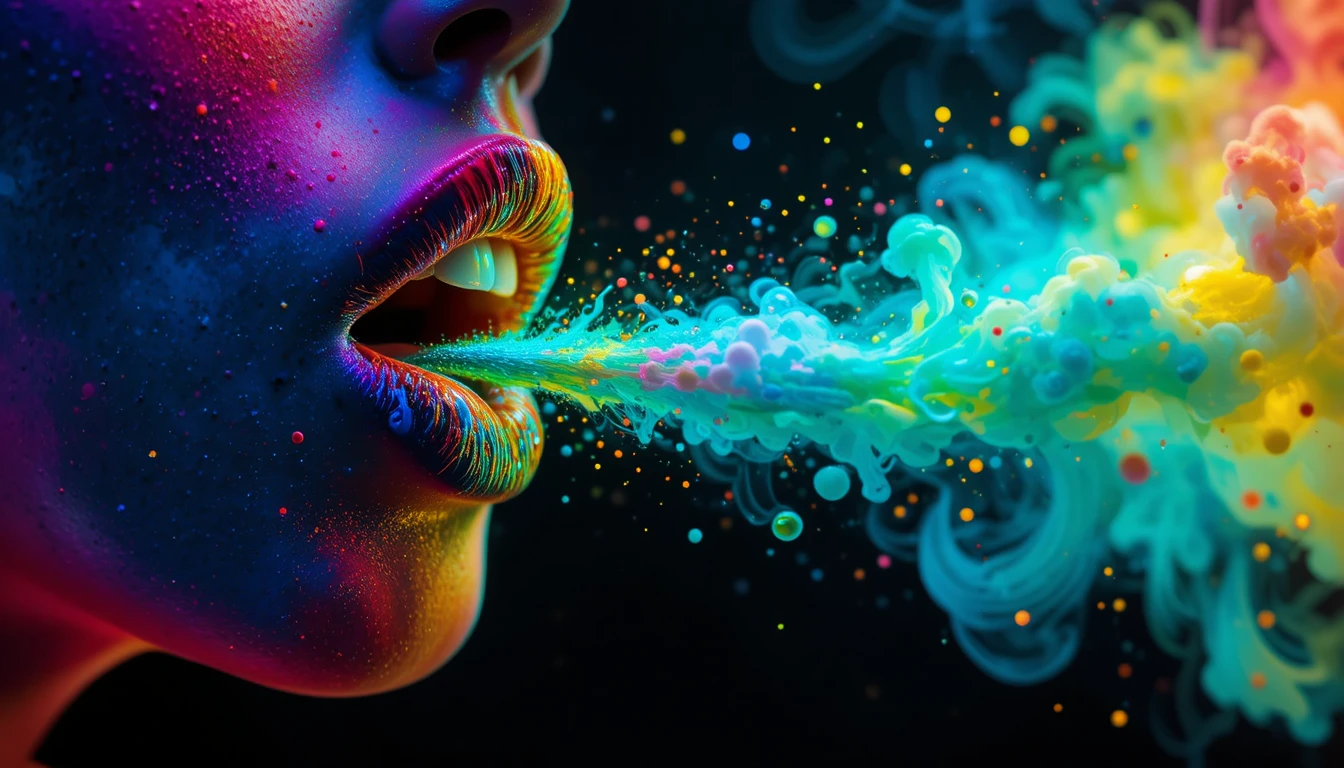 Lèvres arc-en-ciel néon soufflant de la peinture colorée comme de la fumée