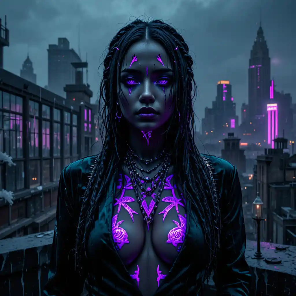 Neon lit woman on rainy rooftop above dystopian city
