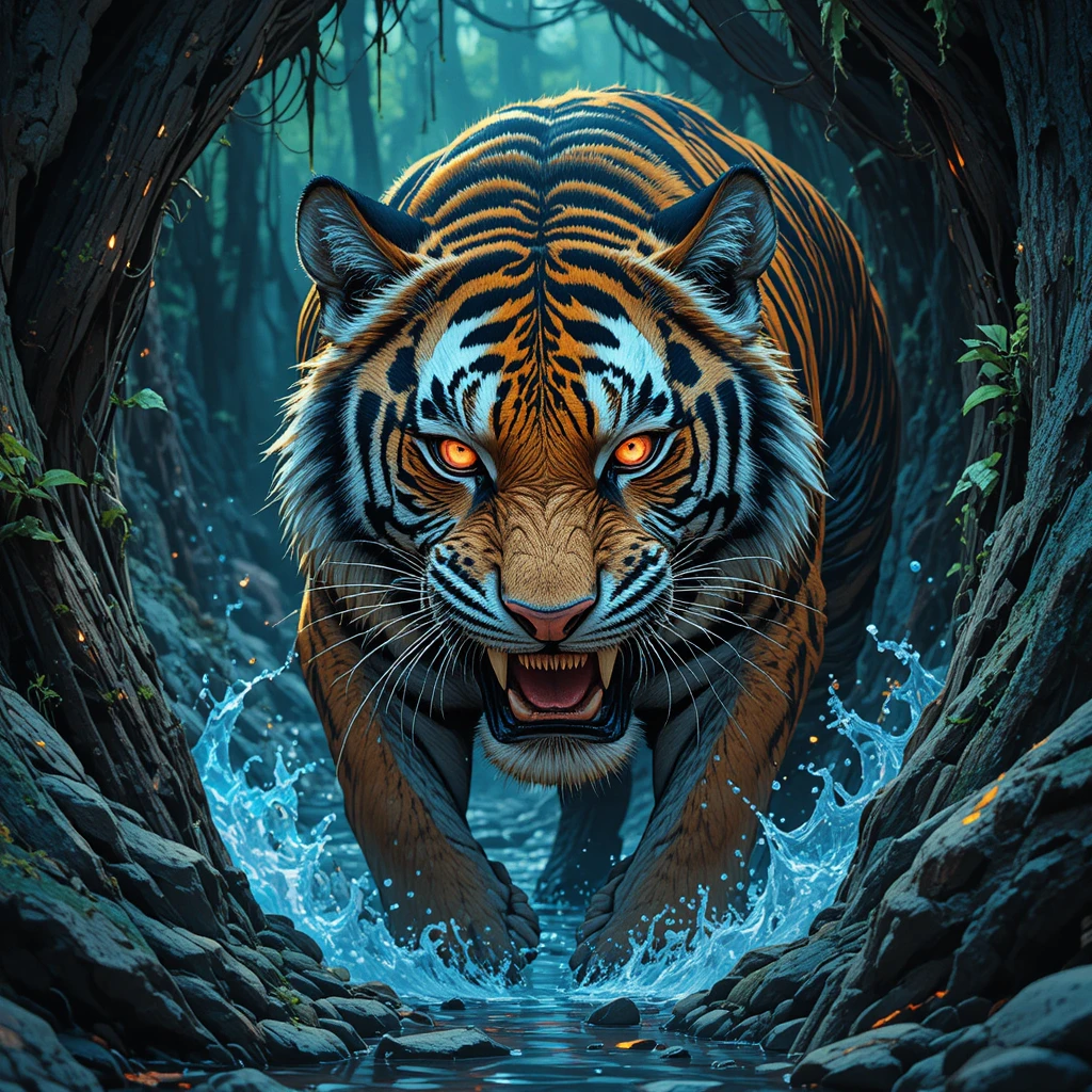 Tigre d’anime inquiétant regardant à travers les feuilles de la jungle