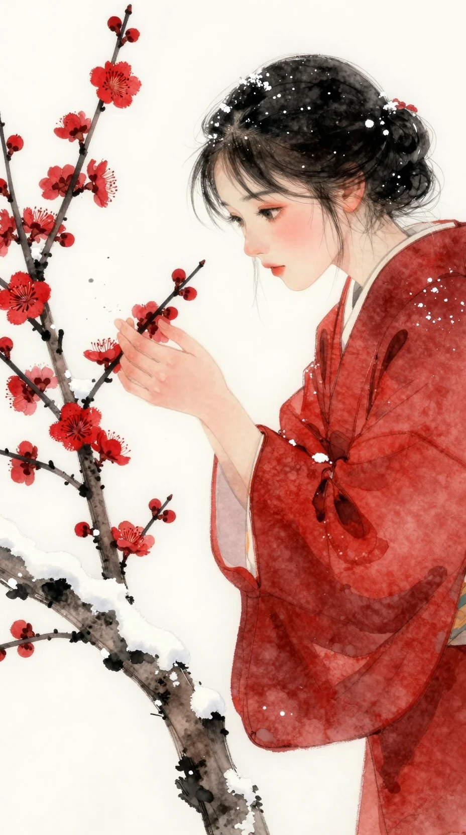 Fille en kimono cramoisi balayant la neige des fleurs de prunier