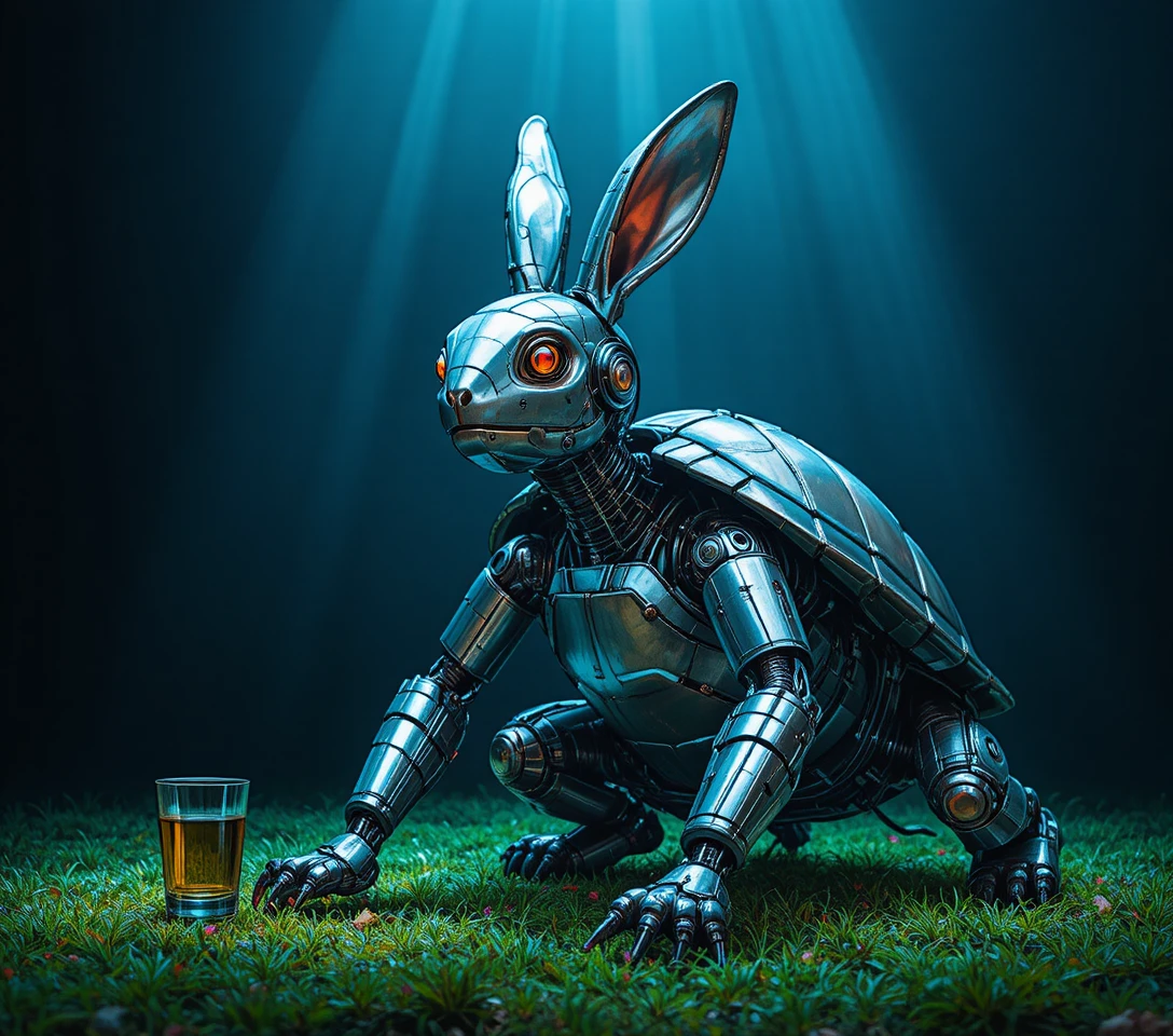Hybride futuriste lapin-tortue robotique dans une lumière mystérieuse