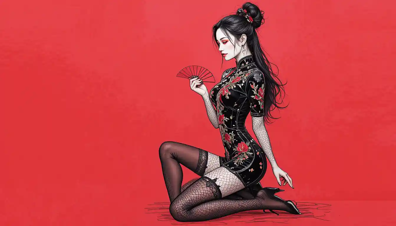 鮮やかな赤の背景に映える黒いチャイナドレスのエレガントな女性