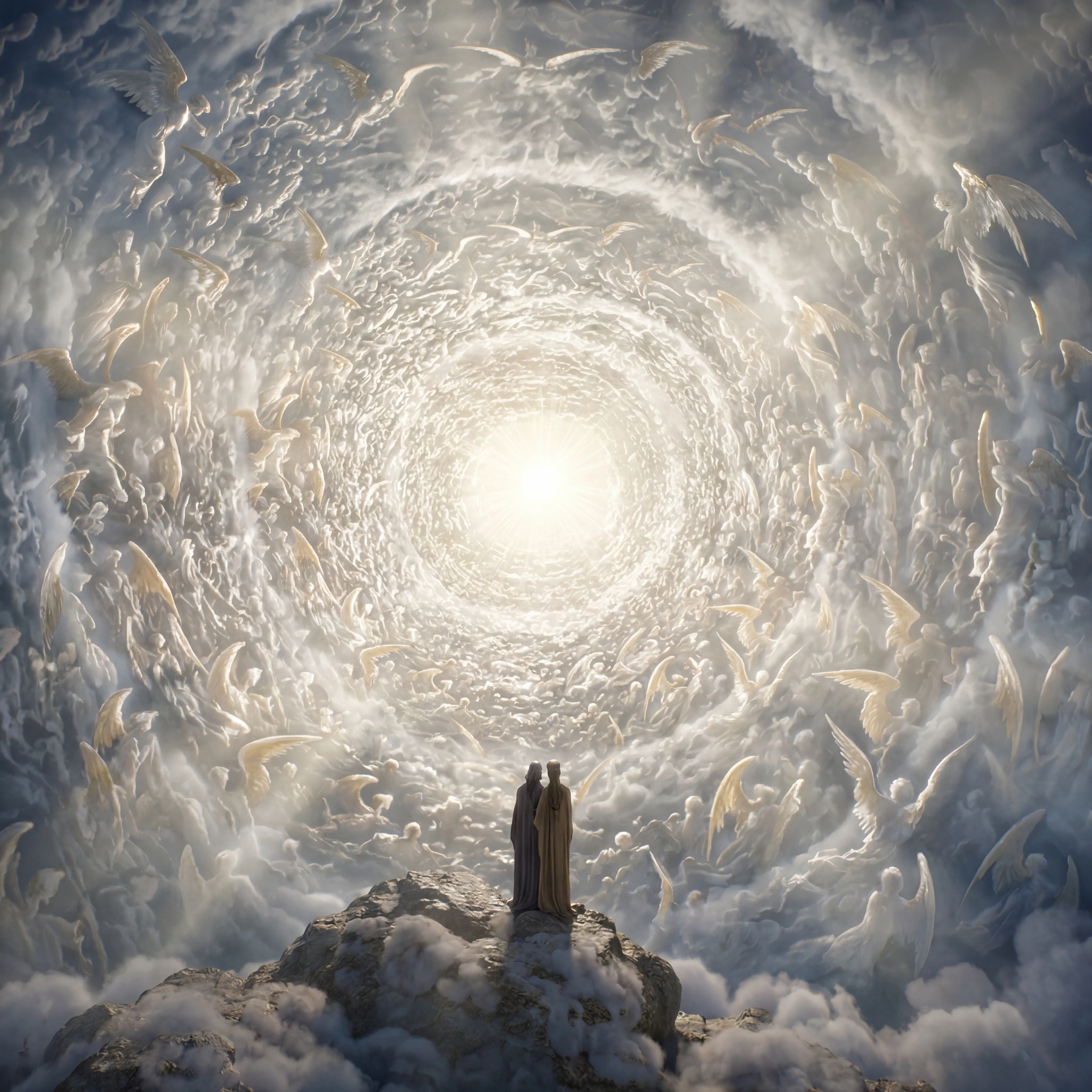 Dante et Béatrice Face à un Vaste Vortex Céleste d’Anges