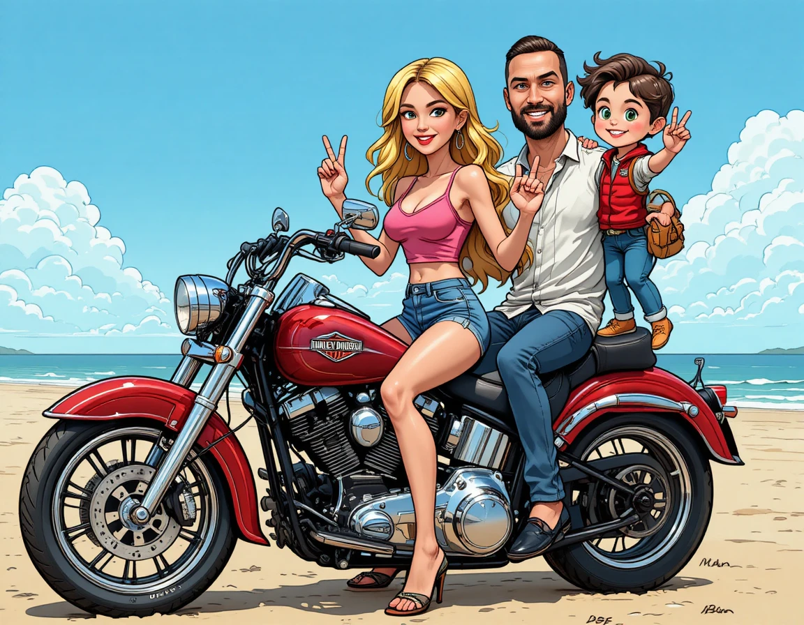 Família em desenho animado andando de moto vermelha na praia