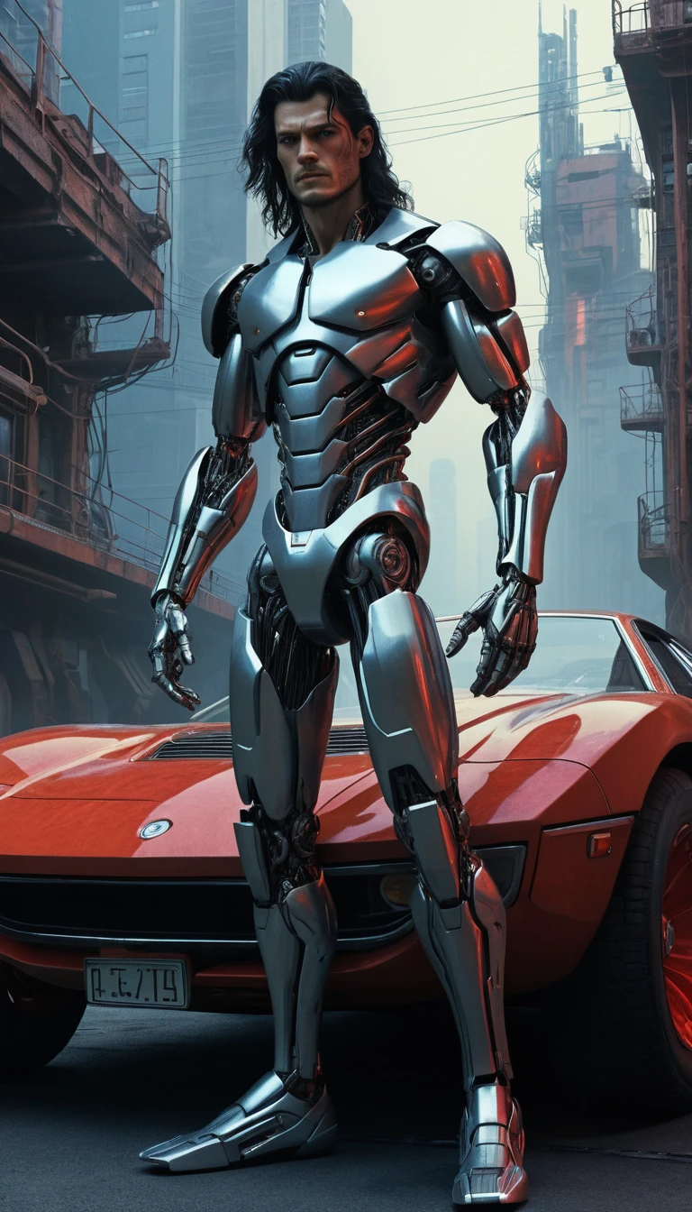Homem ciborgue ao lado de carro futurista vermelho em cidade industrial