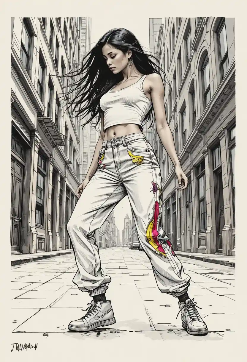 Desenho a tinta de um dançarino de rua urbano em plena performance